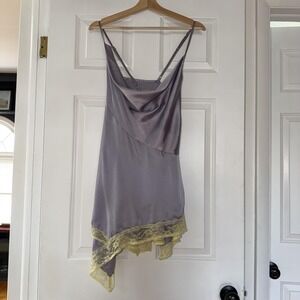 Nasty Gal Dress 12 Purple Satin Slip Cowl Neck Lace Asymmetrical Hem Mini Party